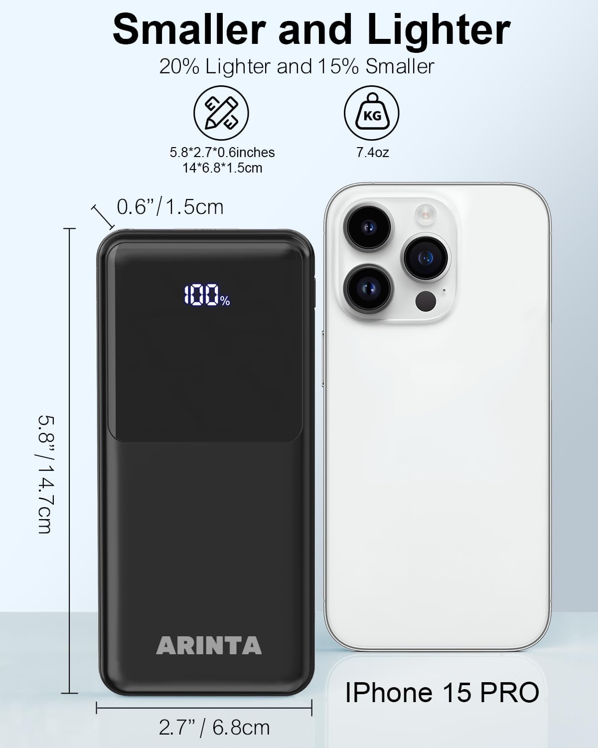 ARINTA Cargador portátil Power Bank de 10000 mAh PD 22.5 W, pantall...