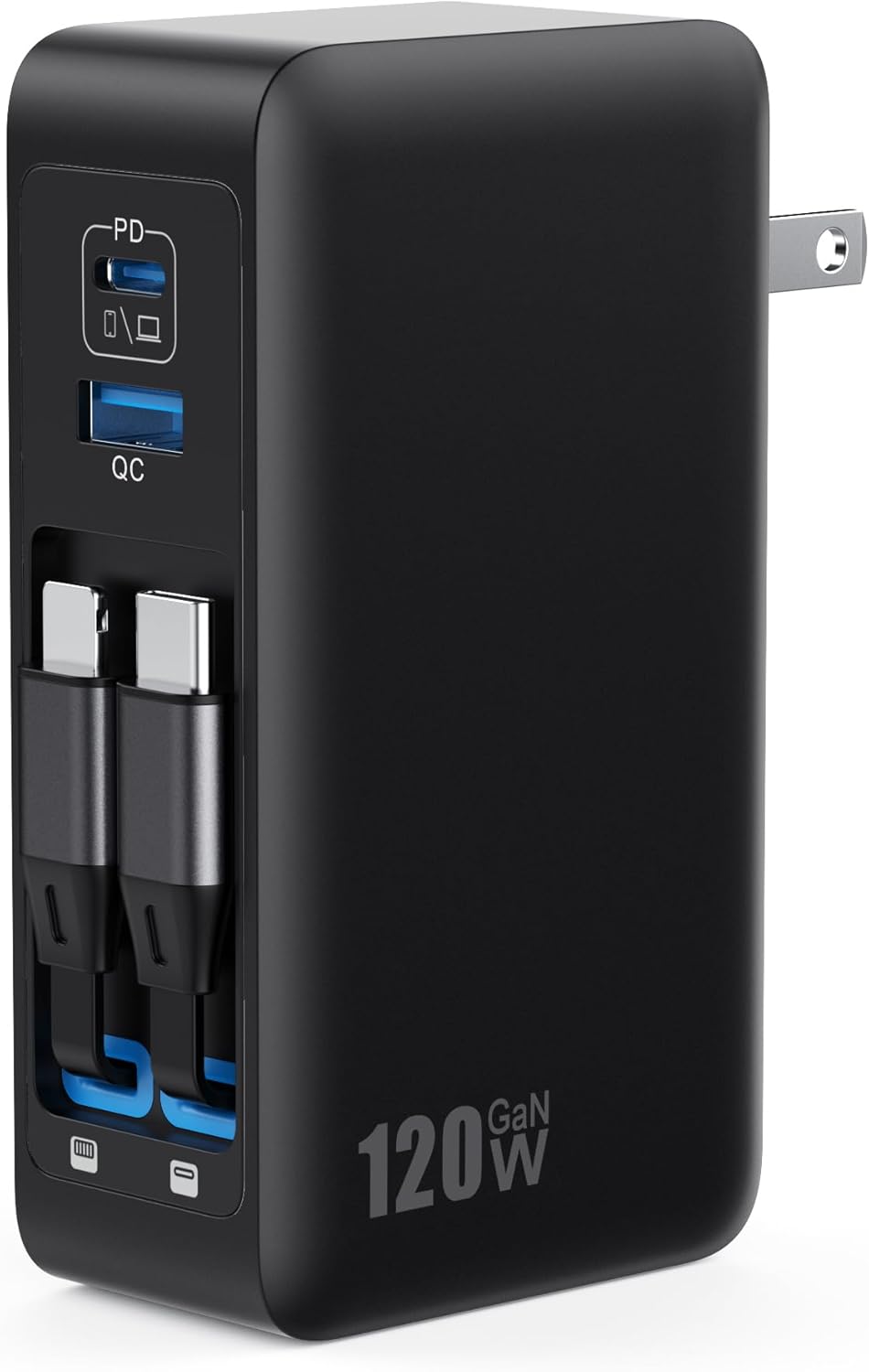 Bloque de cargador USB C de 120W con 2 cables retráctiles integrado...
