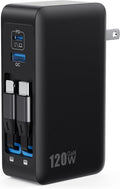 Bloque de cargador USB C de 120W con 2 cables retráctiles integrado...