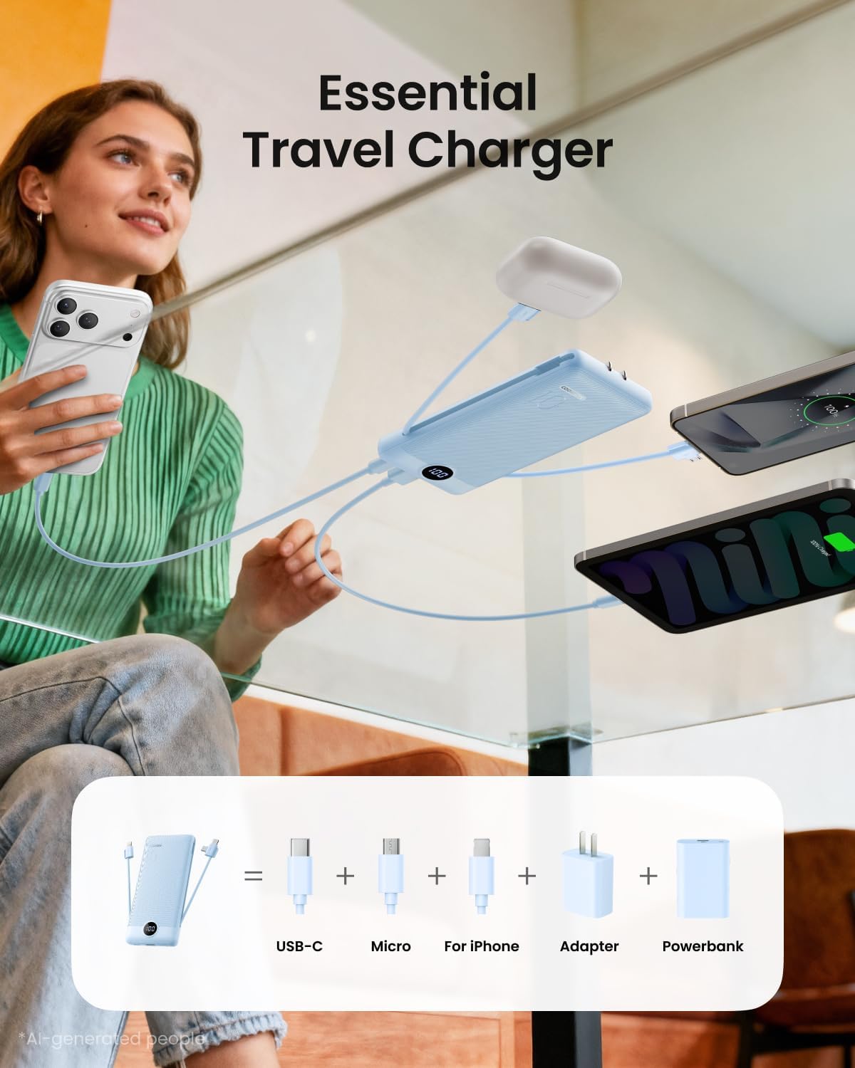 Coowisty Cargador Portátil con Cables Integrados y Enchufe de Pared...