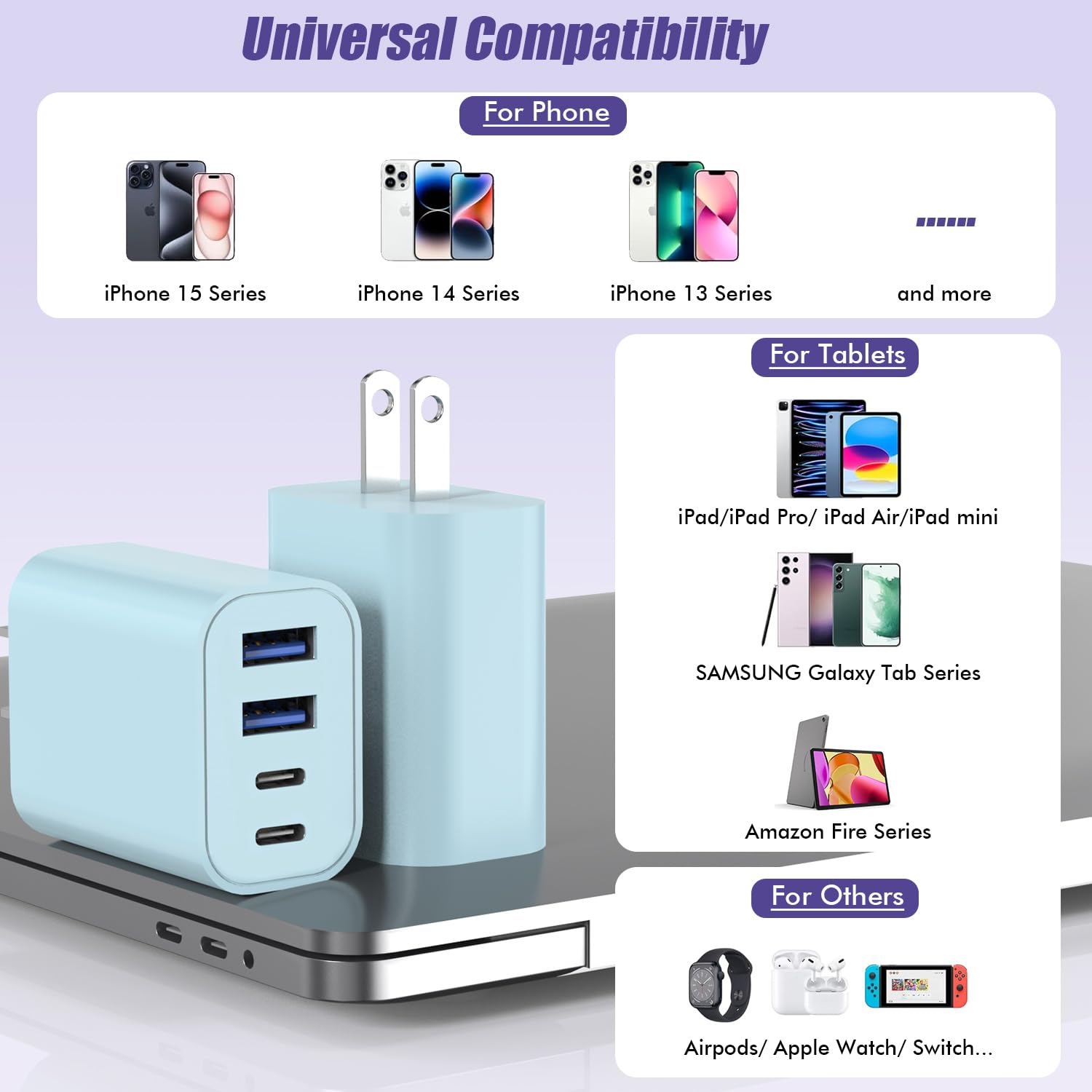 Cargador USB C de 40 W, [Paquete de 2] Cargador de tipo C de 4 puer...