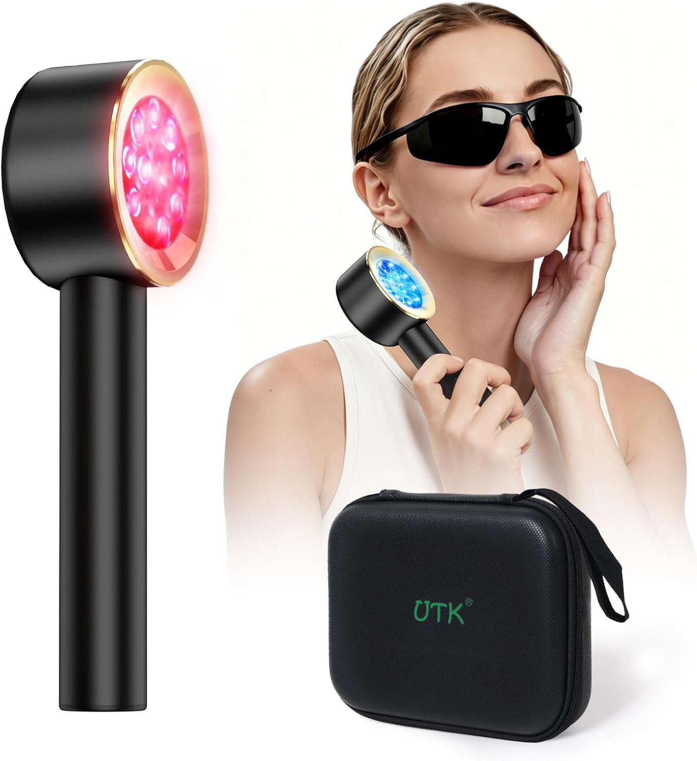 UTK Dispositivo de terapia de luz azul y roja de mano con 4 longitu...