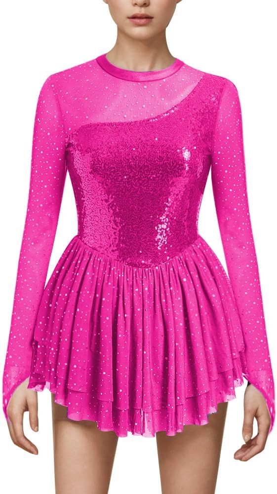 AFAVOM Vestido de patinaje artístico con lentejuelas para mujer, ma...