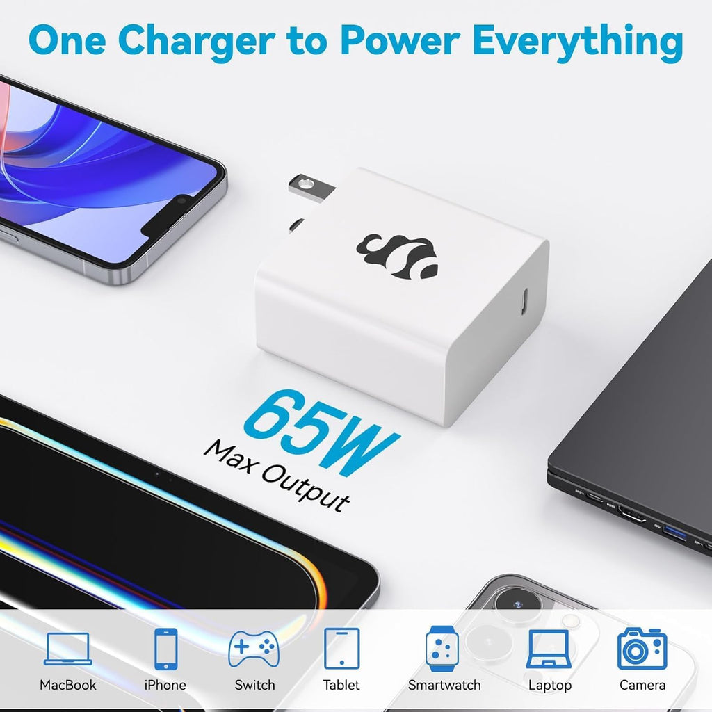 65W GaN USB C Fast Charger, PD 3.0 Wall Adapter with 6.6ft Cable, R...