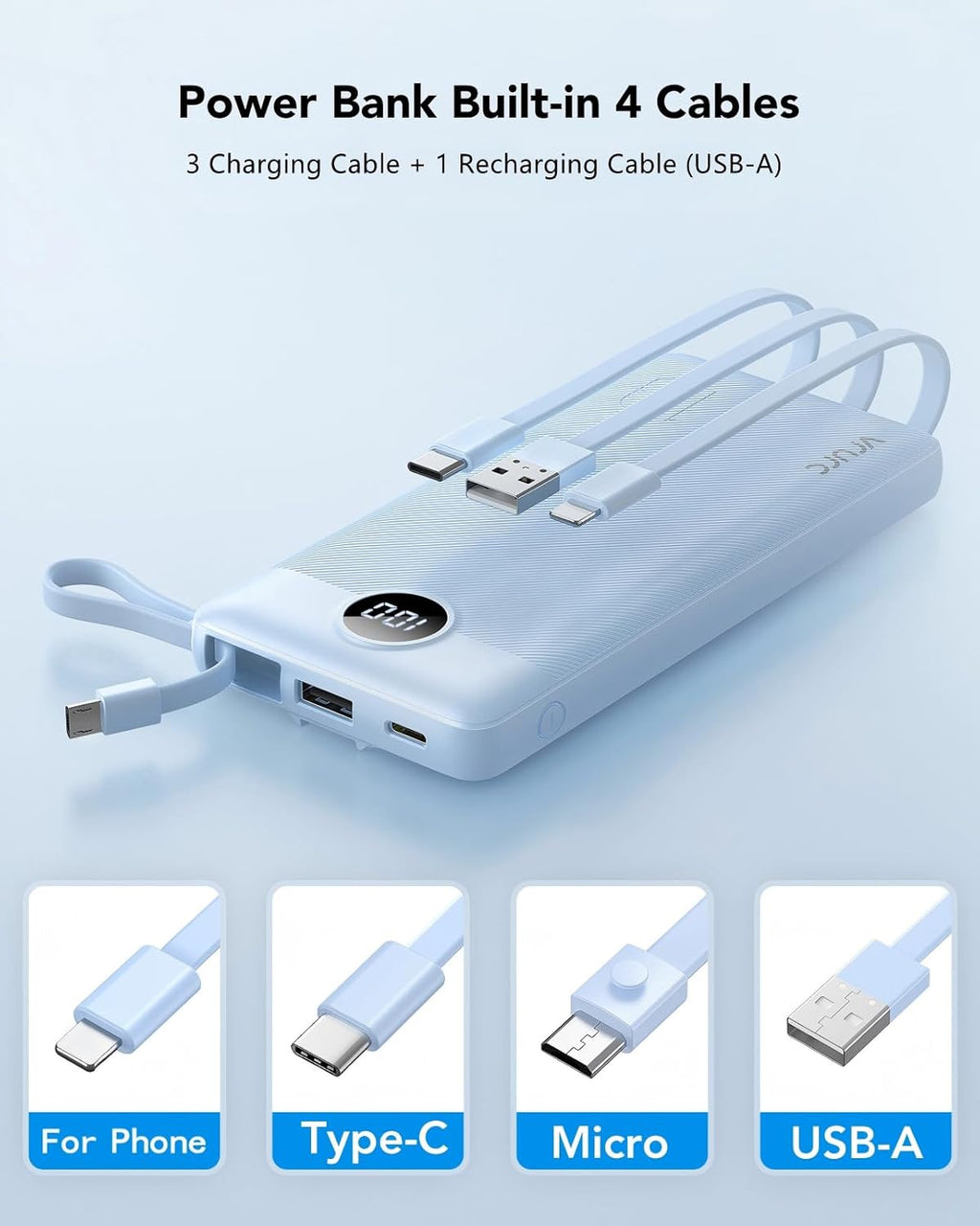 VRURC Banco de energía de 10000 mAh, cables integrados, cargador po...