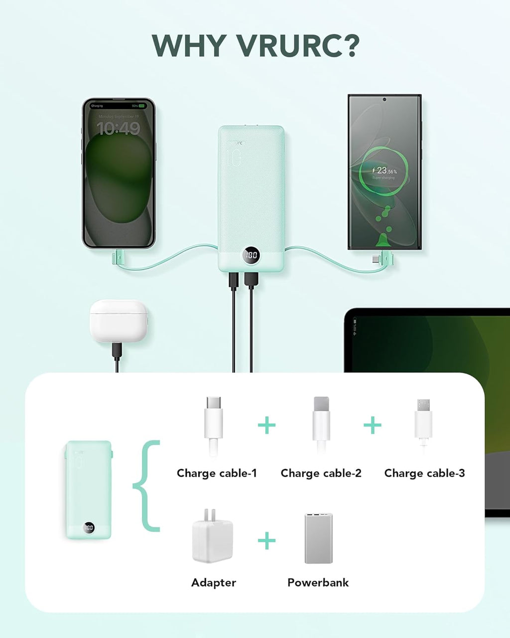 VRURC Cargador portátil con cables integrados y enchufe de pared de...