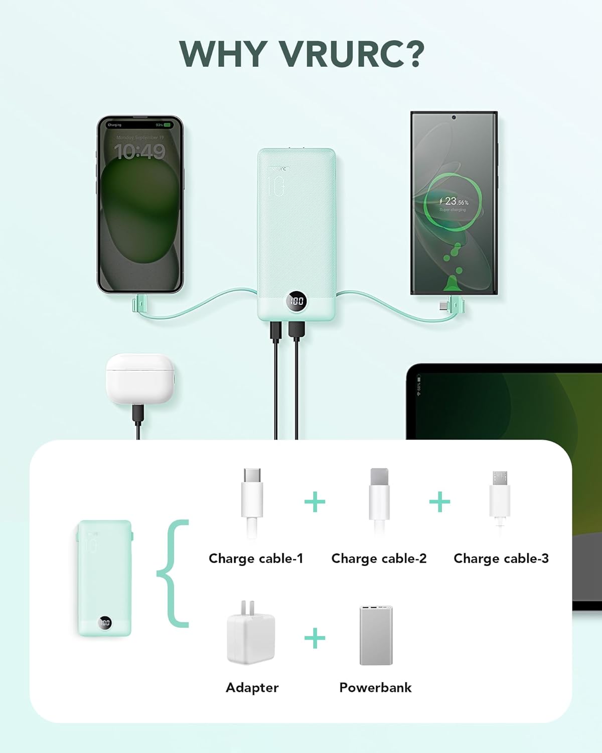 VRURC Cargador portátil con cables integrados y enchufe de pared de...