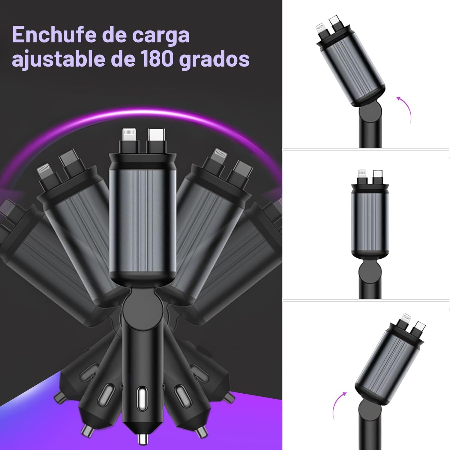 Cargador de coche retráctil, cargador de coche 4 en 1 de carga rápi...