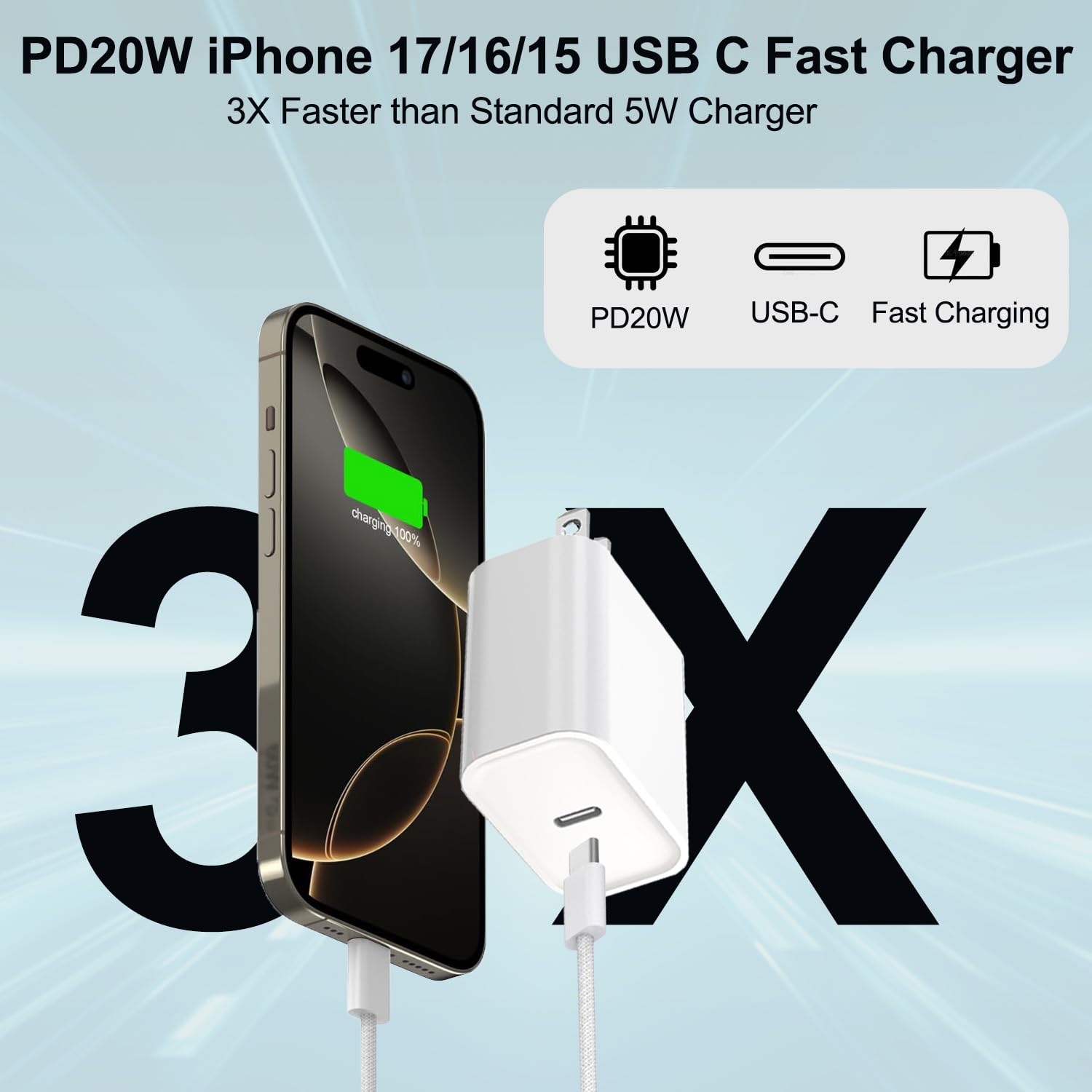 Cargador para iPhone 17, 16, 15, carga rápida, 20 W, tipo C, carga...