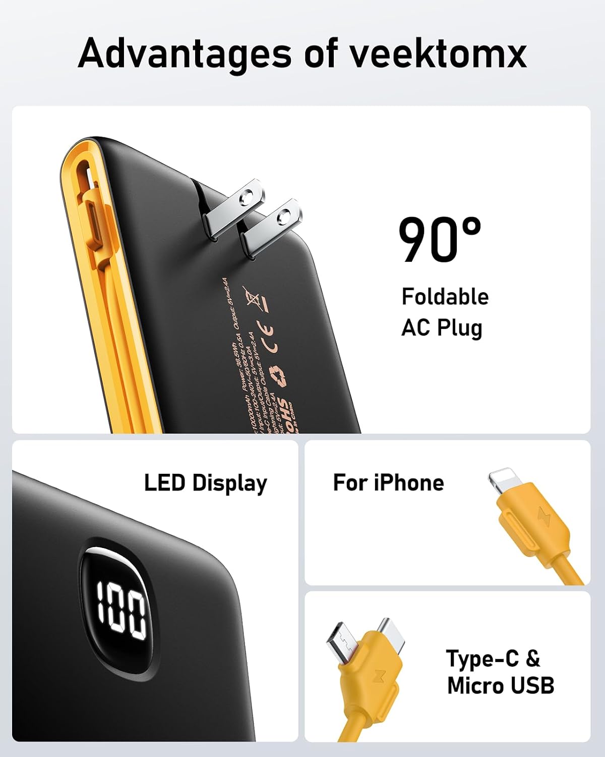 Cargador Portátil Power Bank con Cables Integrados y Enchufe de Par...