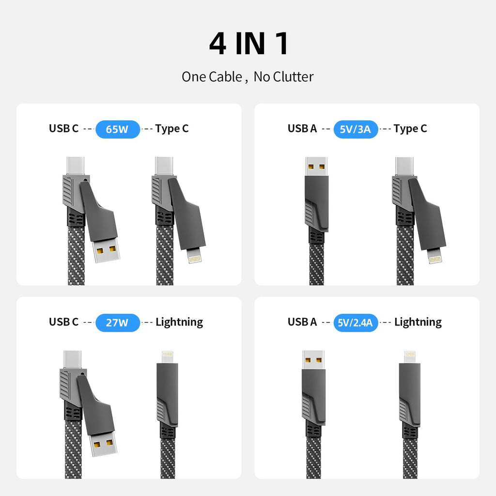Cable de Carga 4 en 1 de Carga Rápida de 65W, Cable USB C 4 en 1 Ca...
