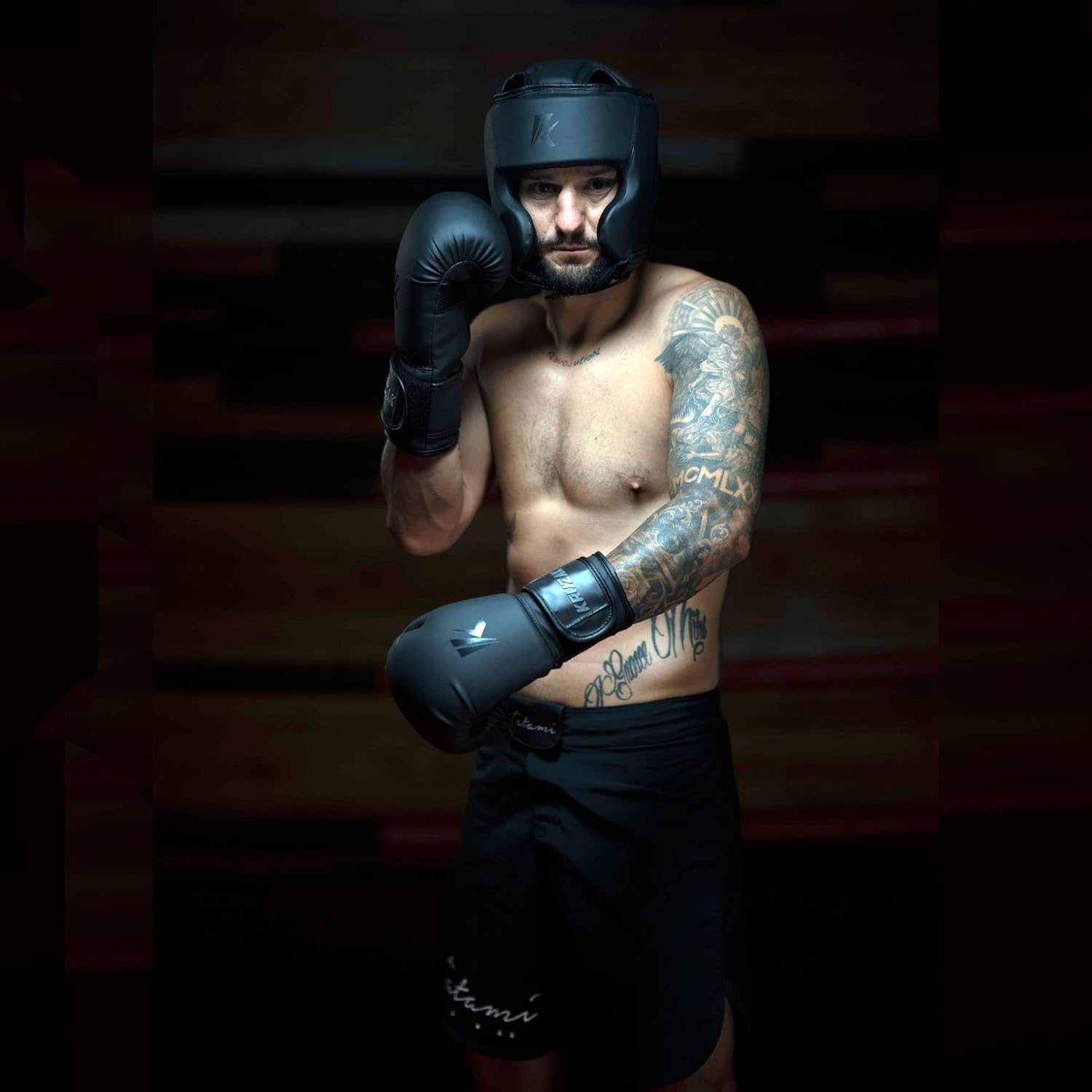 Kruzak - Guantes y almohadillas de boxeo negro mate, juego de entre...