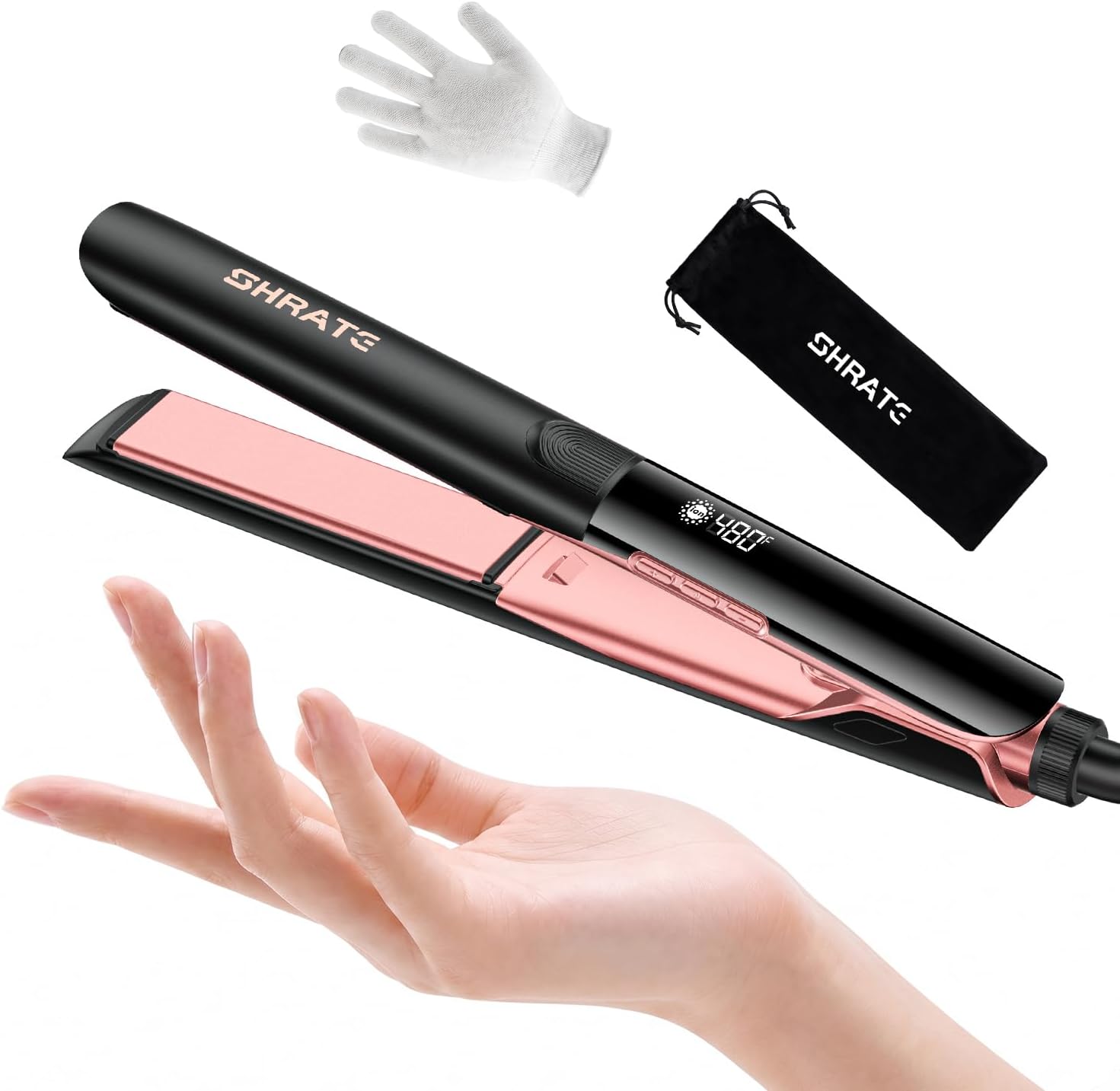 SHRATE Plancha de pelo iónico negro\/oro rosa | Calor rápido de 18...