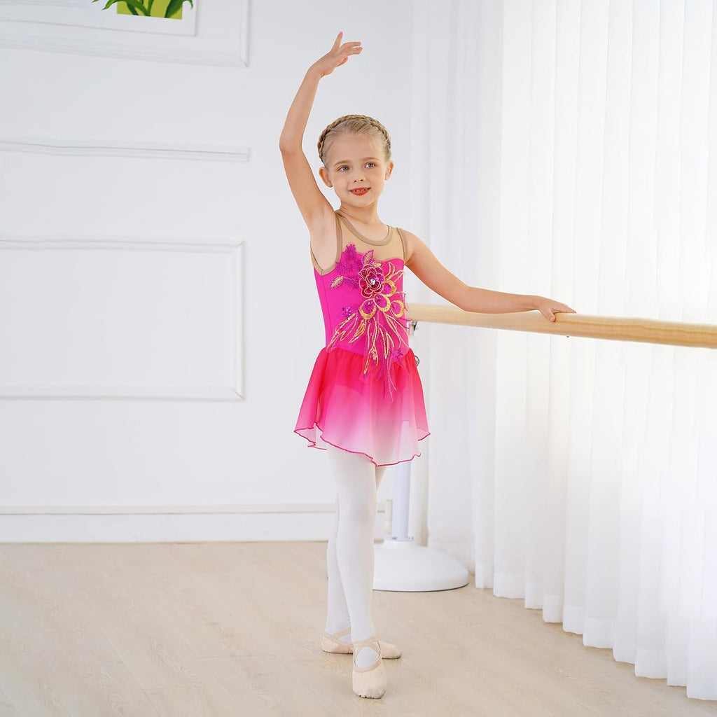 Vestido de patinaje artístico para niñas - Leotardo de malla con fl...