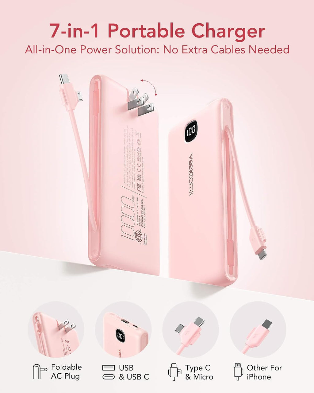 Cargador portátil de batería con cables integrados y enchufe de par...