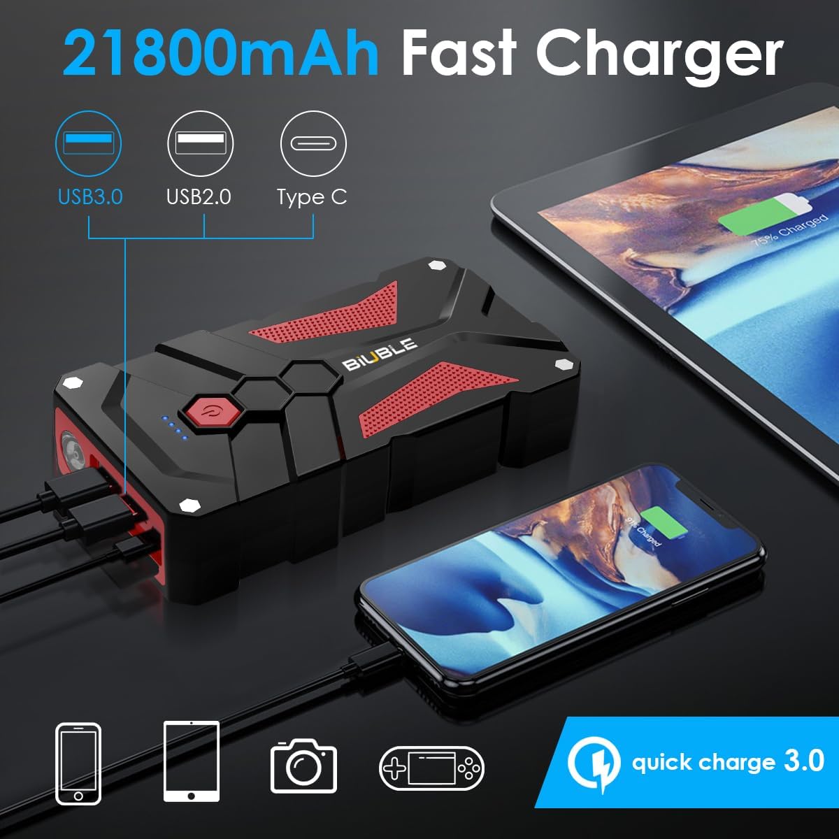 BIUBLE - Arrancador de batería para automóvil 12V, 6000A pico 21800...
