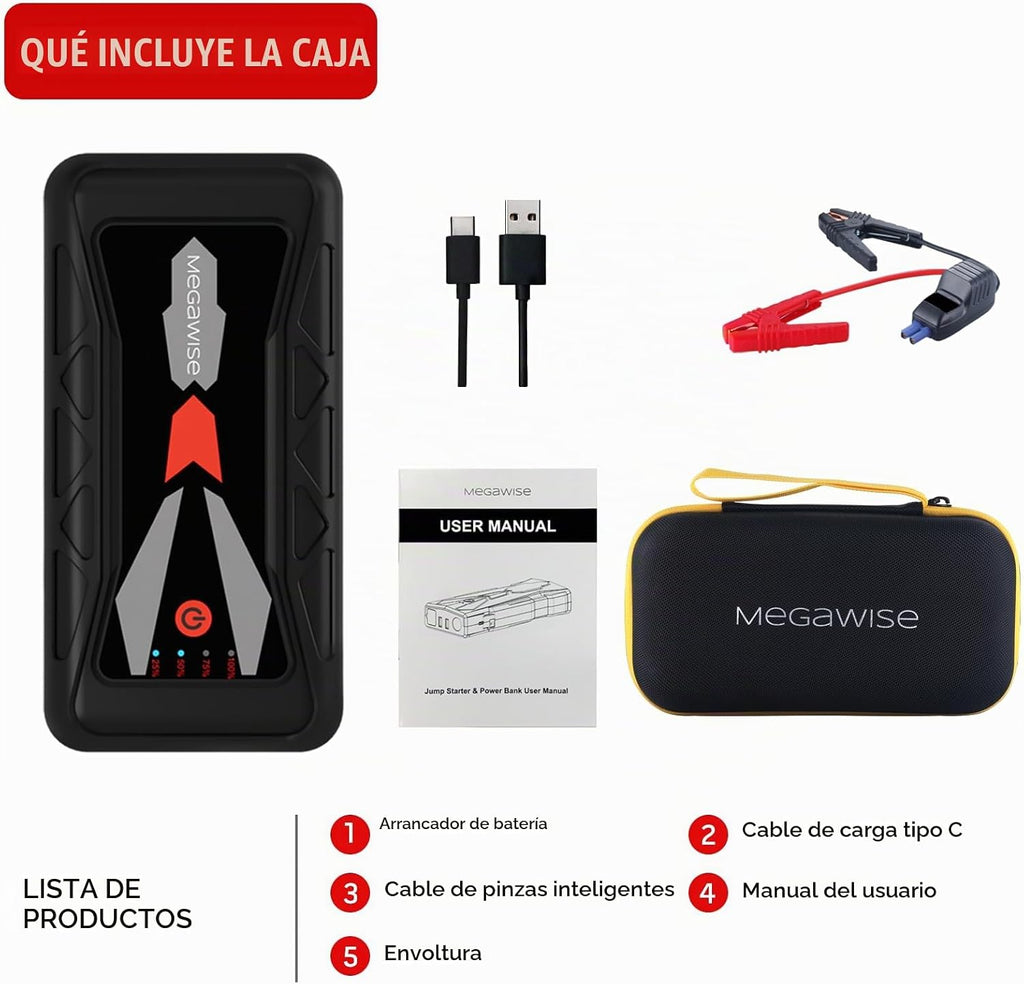 MEGAWISE Arrancador de batería de coche de 1500A pico 16800mAh (has...