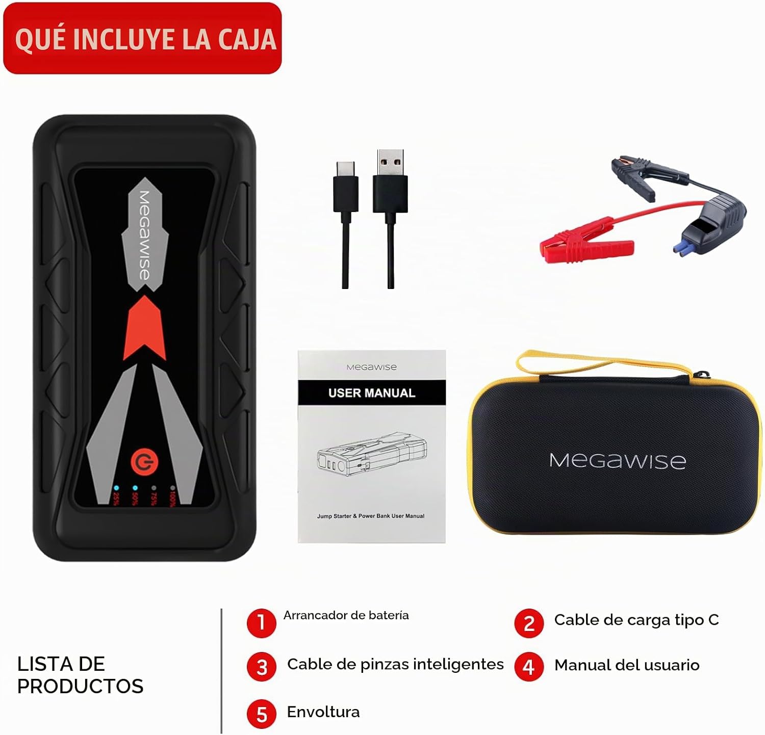 MEGAWISE Arrancador de batería de coche de 1500A pico 16800mAh (has...