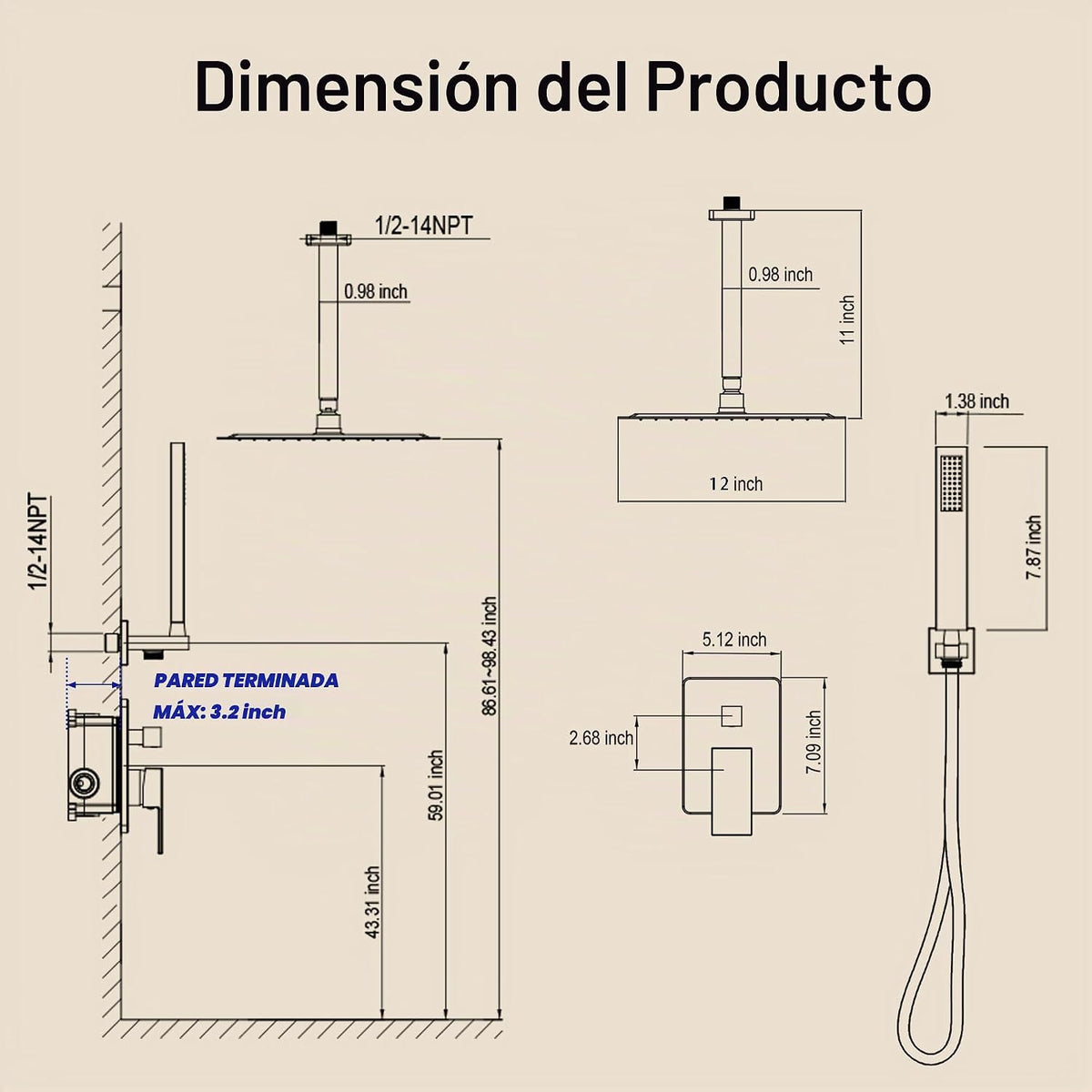 HoliSpa Sistema de ducha de montaje en techo, juego de grifo de duc...