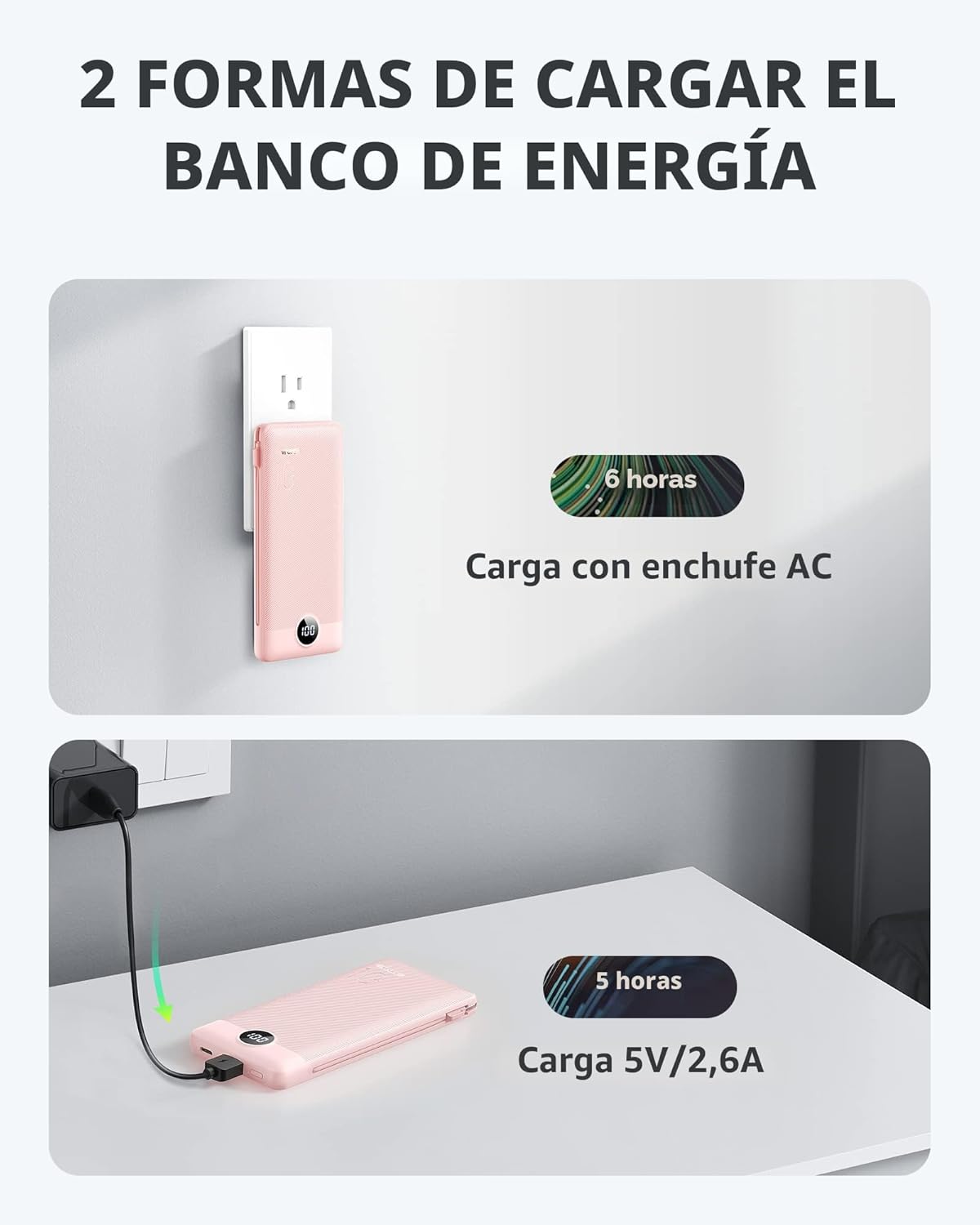 VRURC Cargador portátil con cables integrados y enchufe de pared de...