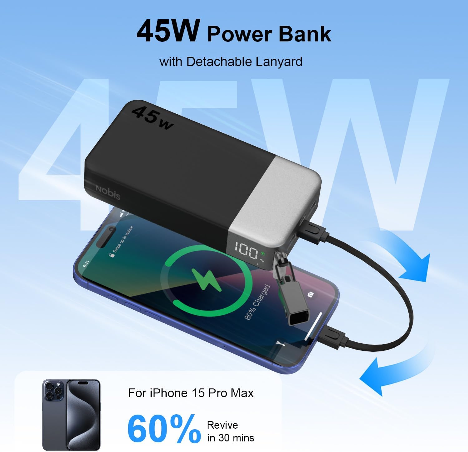 NOBIS Cargador portátil de 20000 mAh, batería de 45 W, carga rápida...