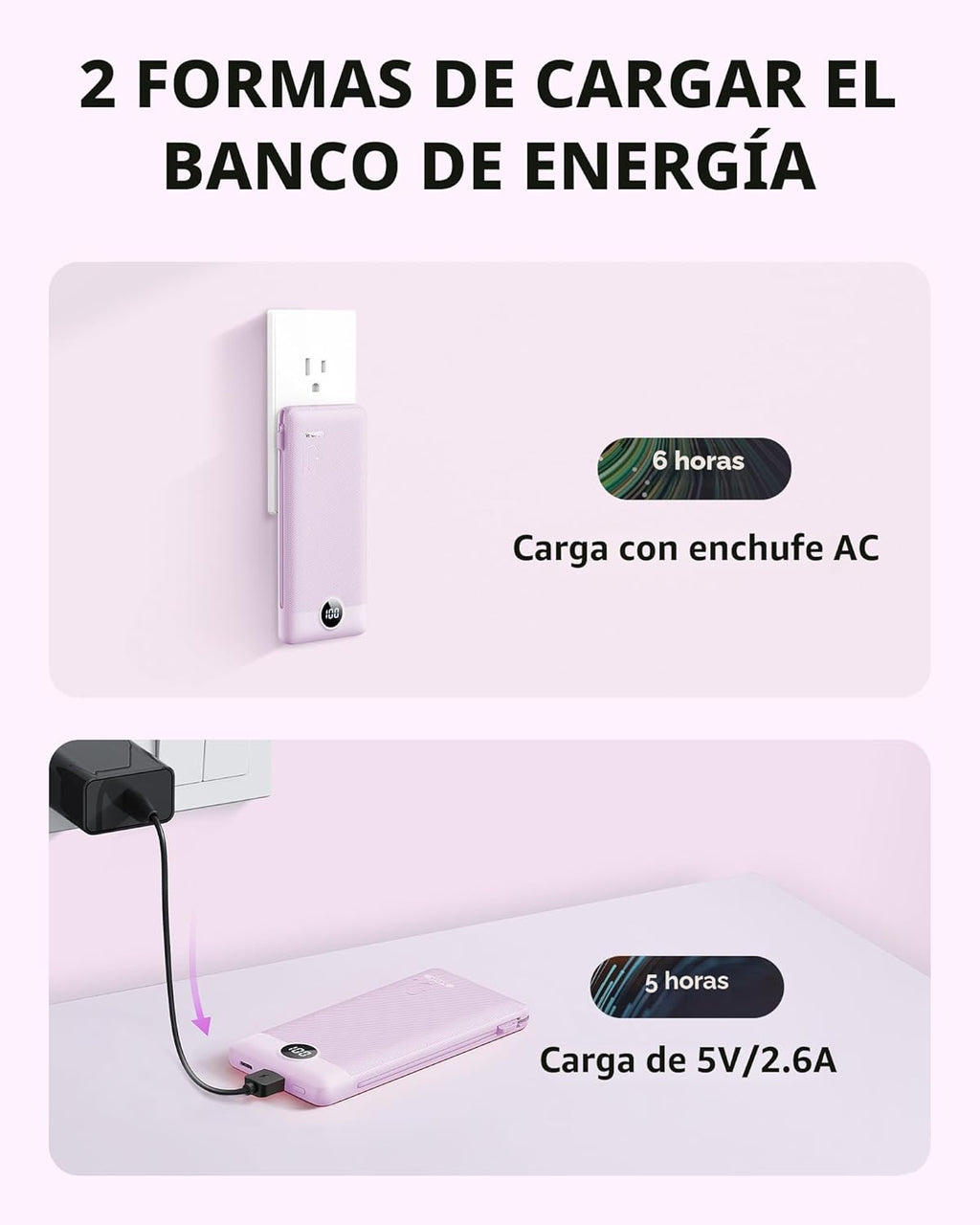 VRURC Cargador portátil con cables integrados y enchufe de pared de...