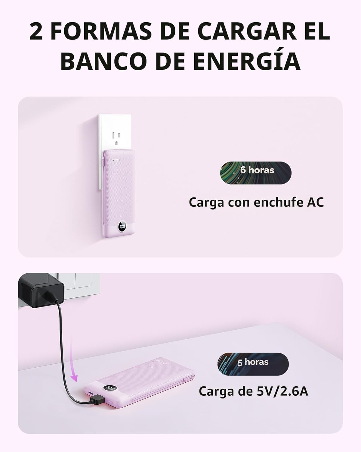VRURC Cargador portátil con cables integrados y enchufe de pared de...