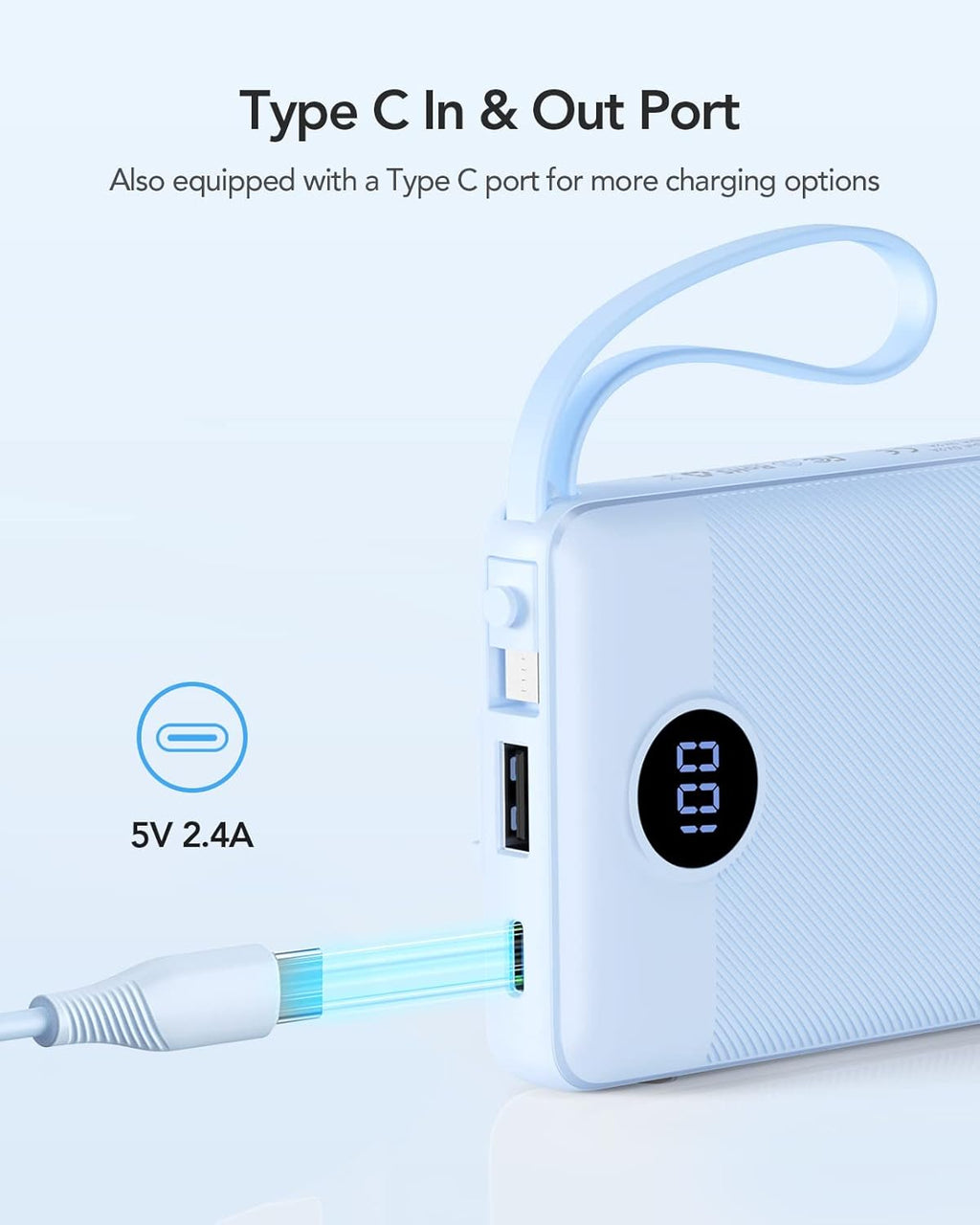 VRURC Banco de energía de 10000 mAh, cables integrados, cargador po...