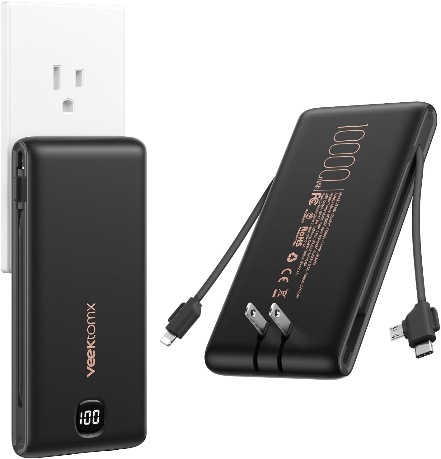 VEEKTOMX - Cargador portátil con cables incorporados de 10000 mAh,...
