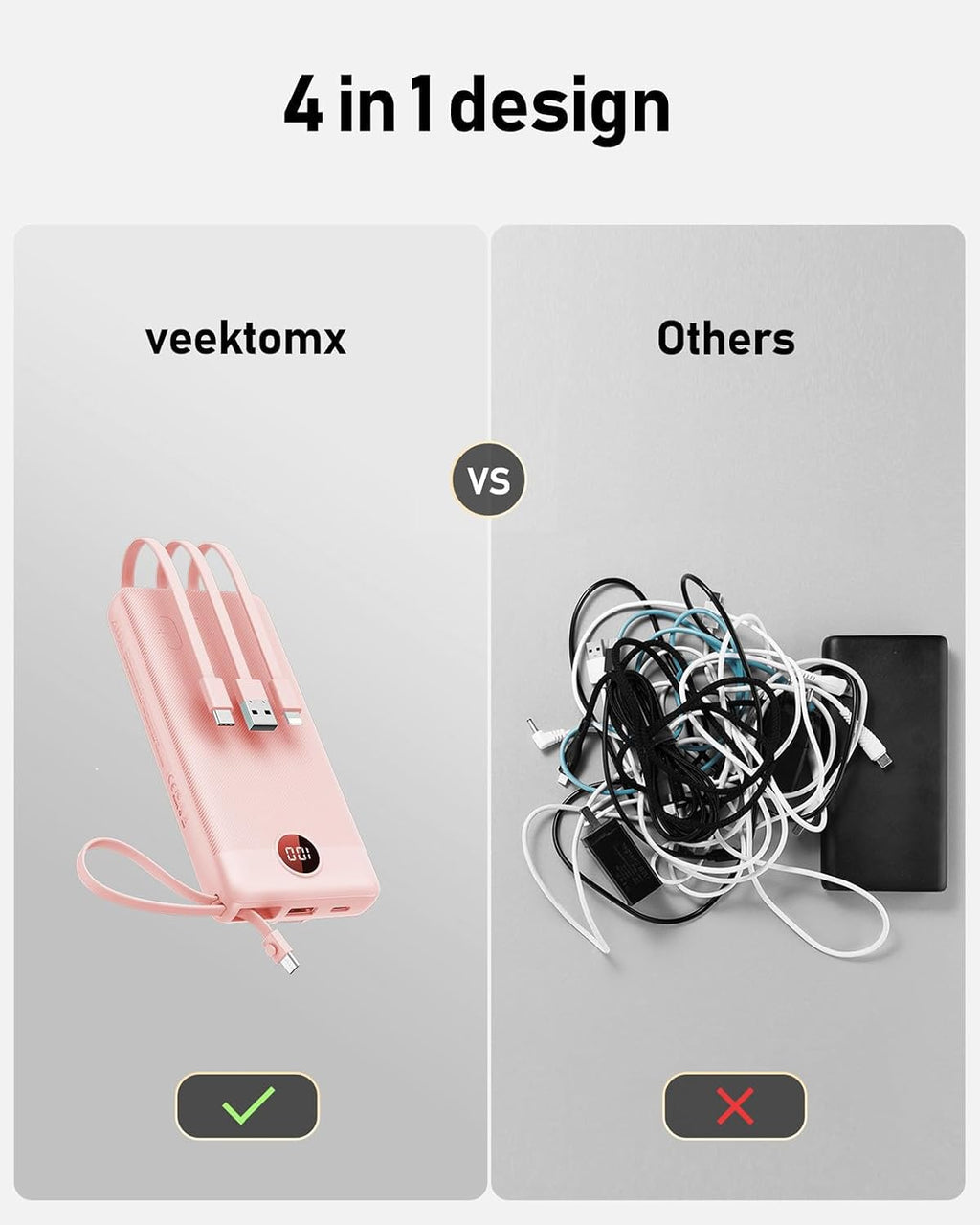 VEEKTOMX Cargador Portátil con Cables Integrados, Banco de Energía...