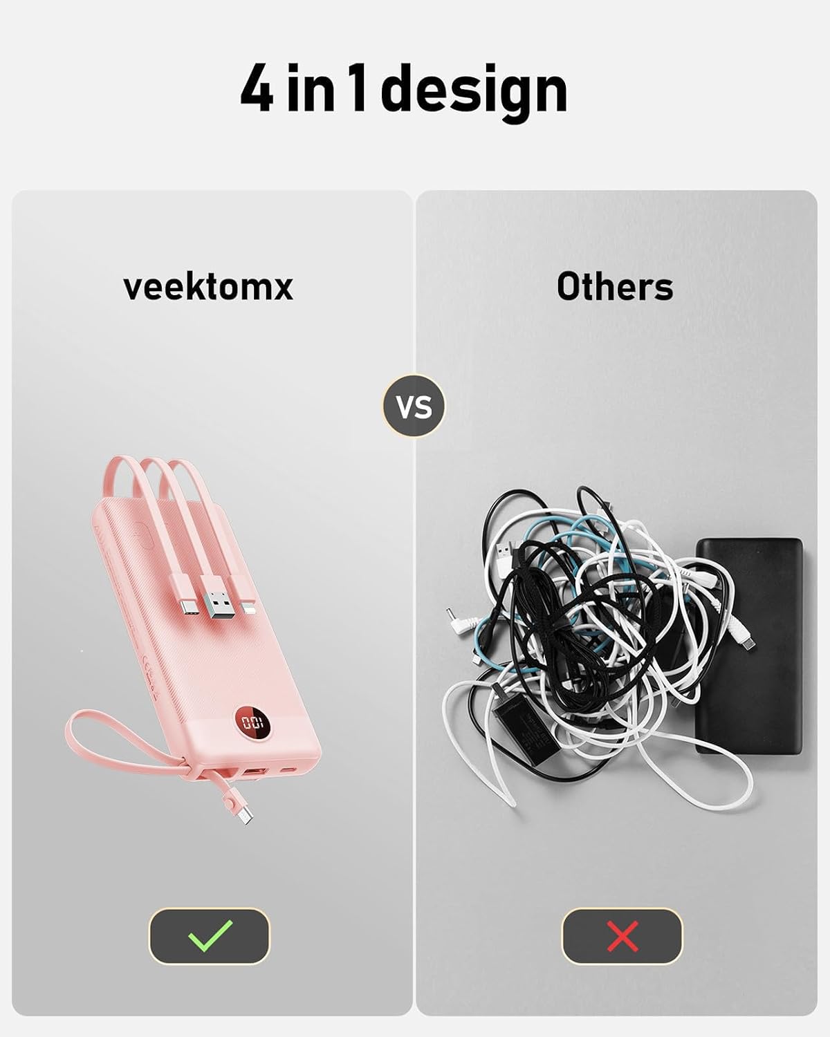 VEEKTOMX Cargador Portátil con Cables Integrados, Banco de Energía...