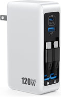 Bloque de cargador USB C de 120W con 2 cables retráctiles integrado...