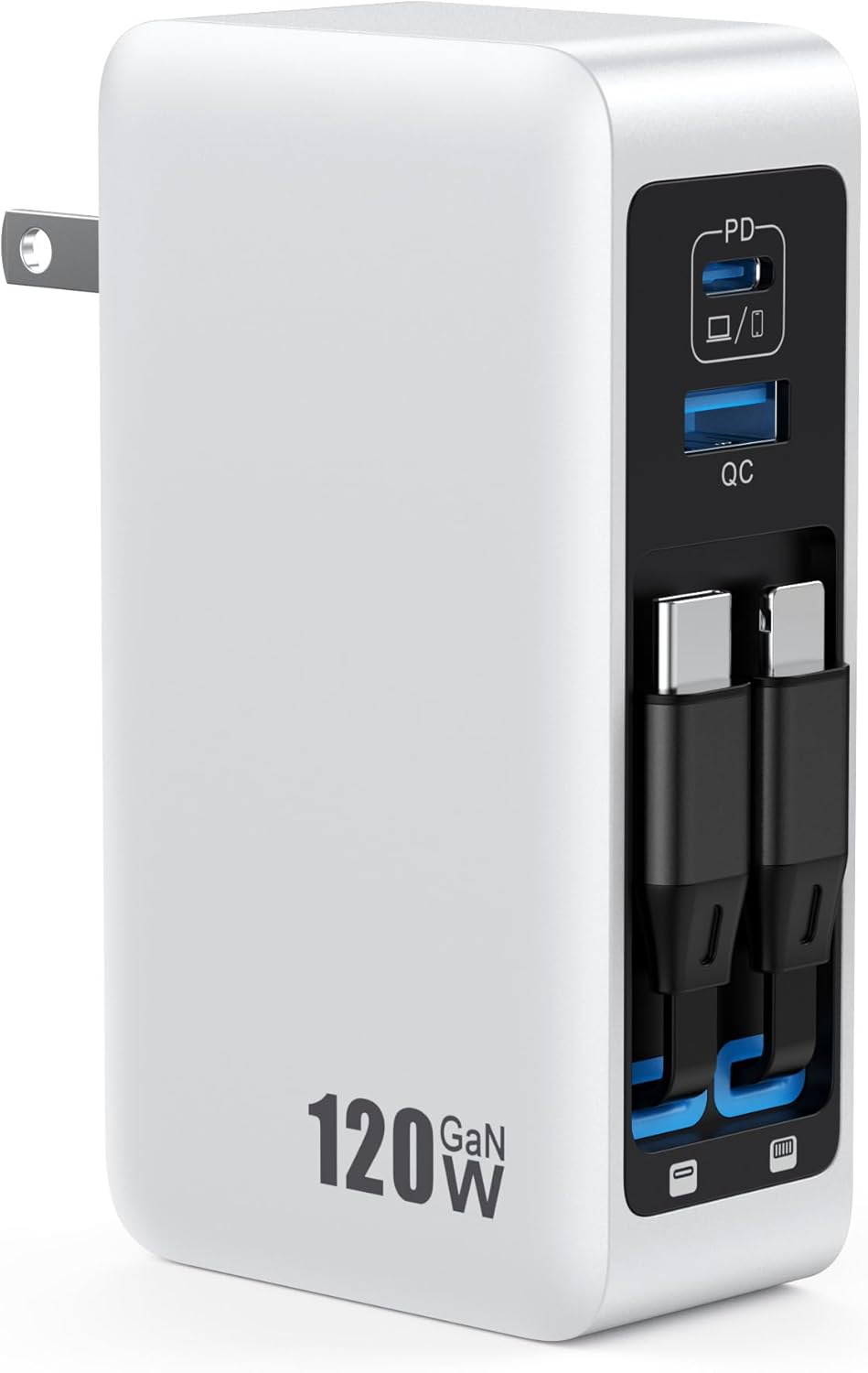 Bloque de cargador USB C de 120W con 2 cables retráctiles integrado...