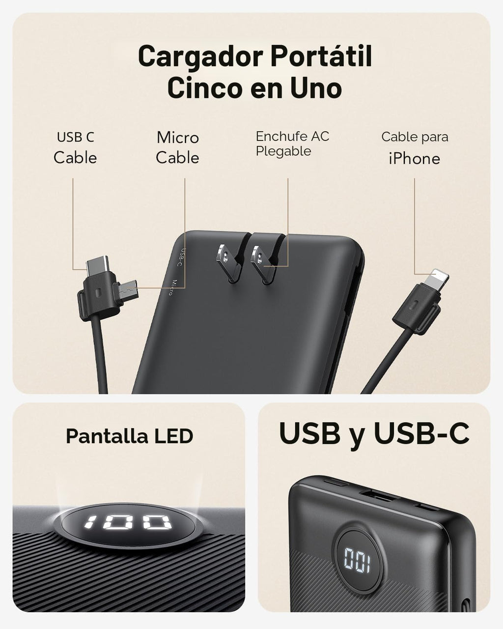 Cargador portátil, banco de energía integrado y enchufe de pared de...