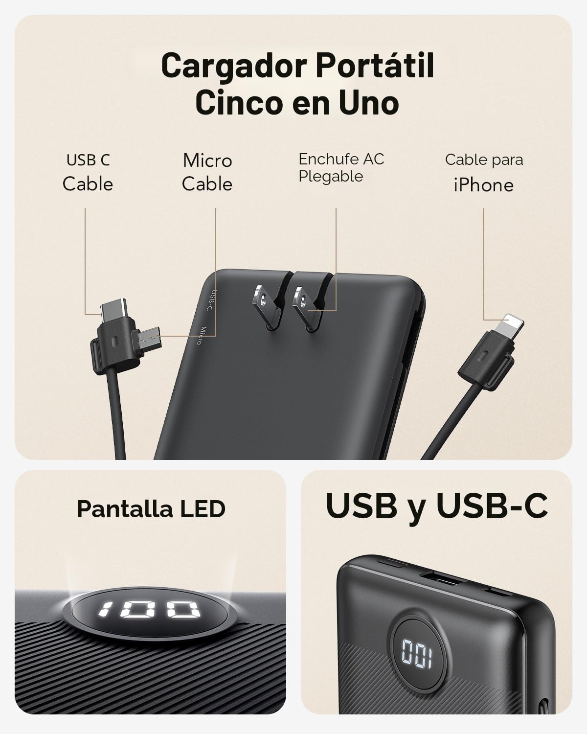 Cargador portátil, banco de energía integrado y enchufe de pared de...