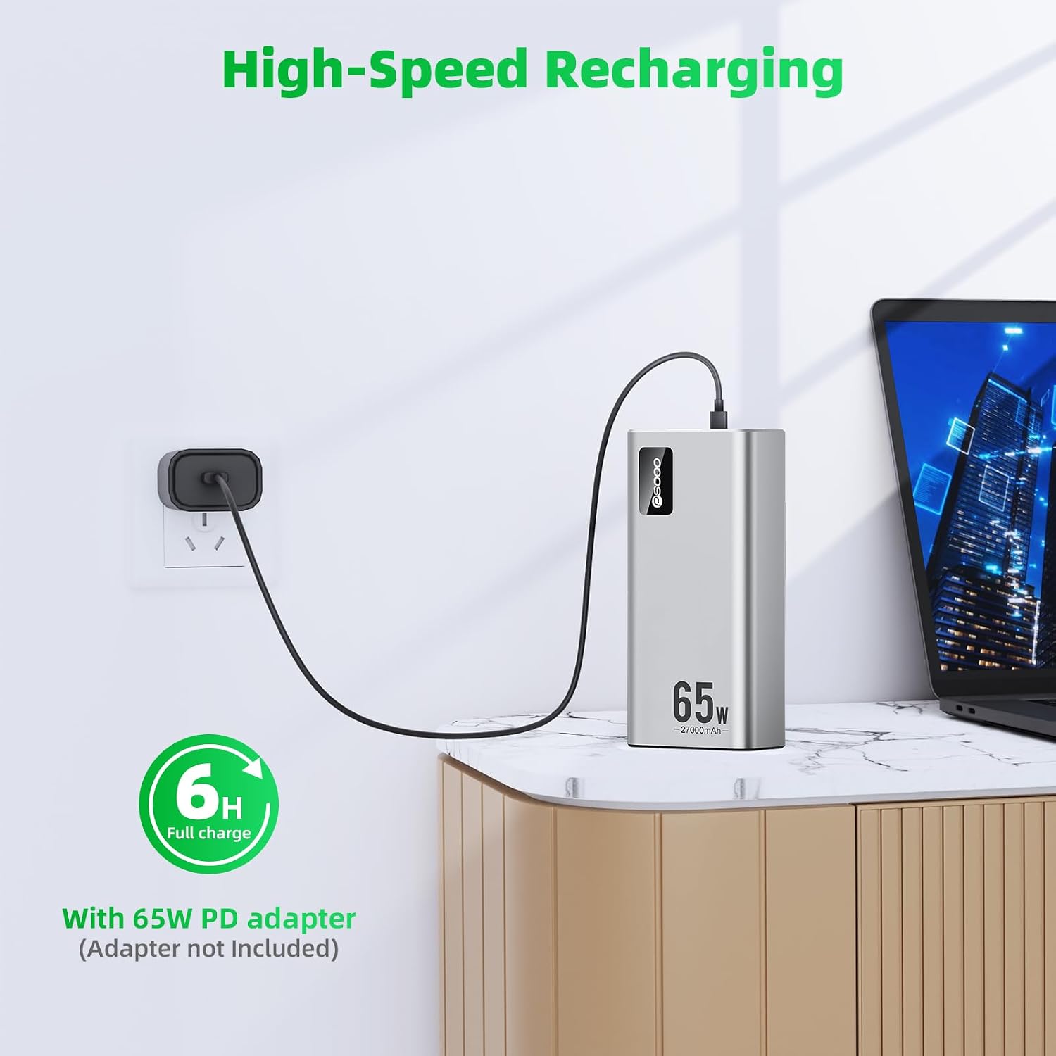 PSOOO Cargador portátil 27000mAh 65W PD Banco de energía de carga r...