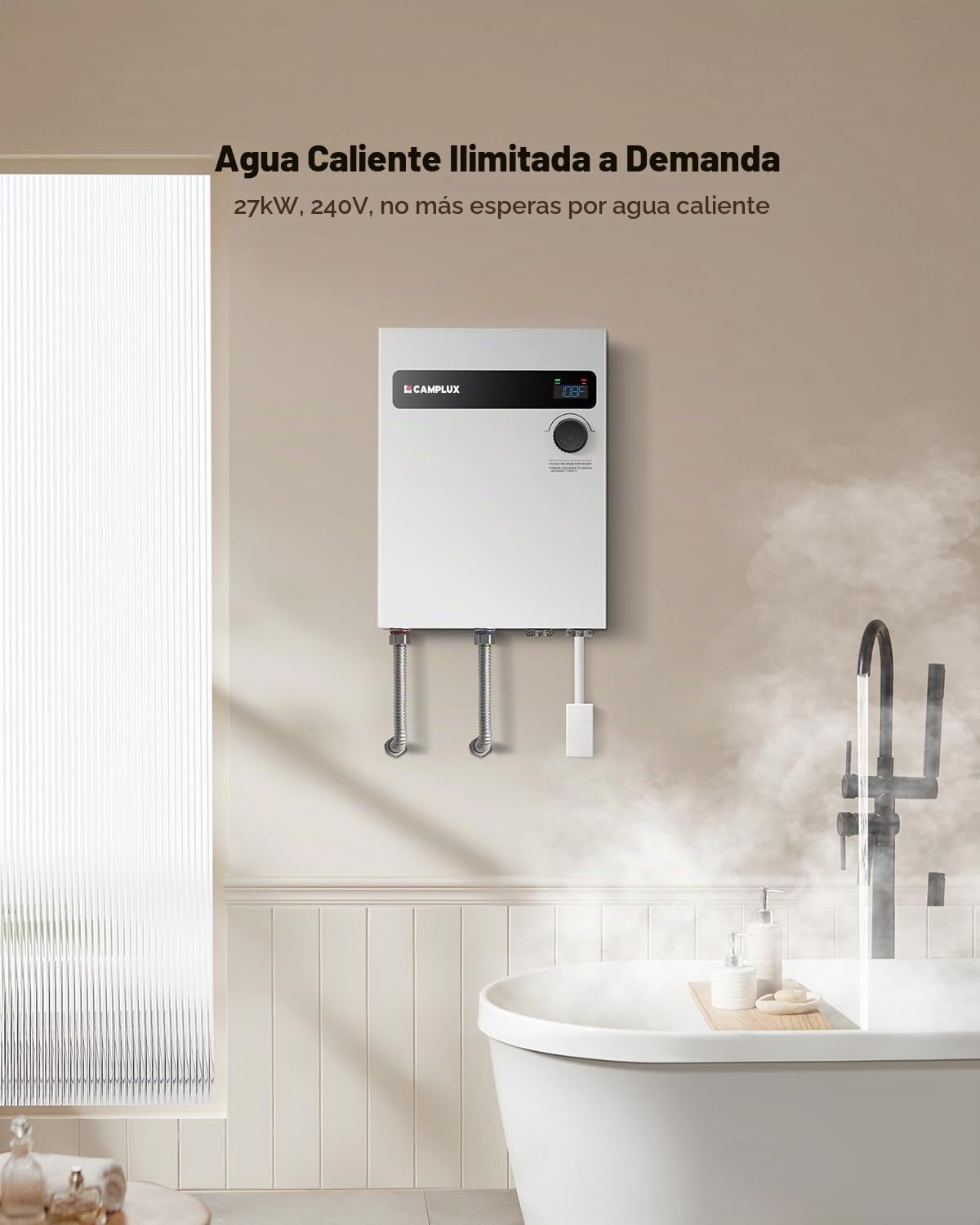 CAMPLUX Calentador Eléctrico Sin Tanque 27kW 240V, Agua Caliente In...