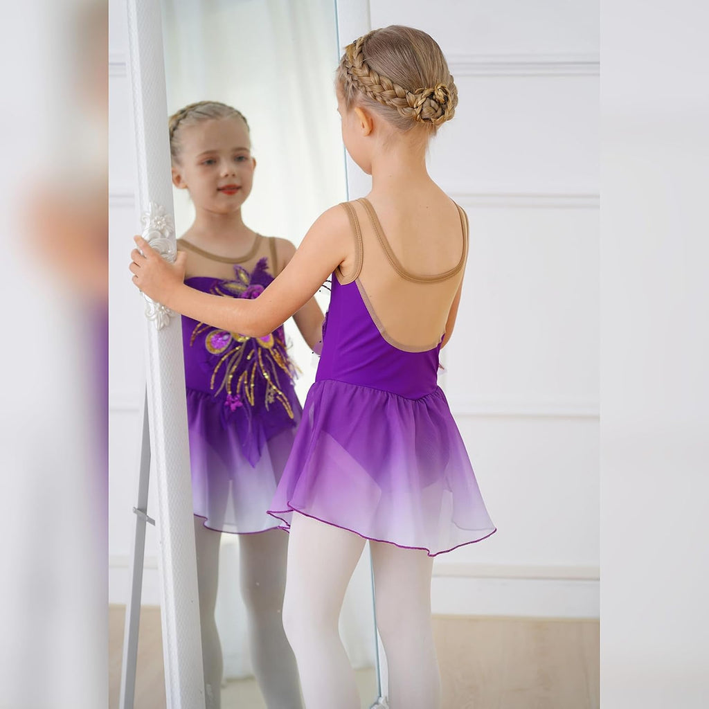 Vestido de patinaje artístico para niñas - Leotardo de malla con fl...