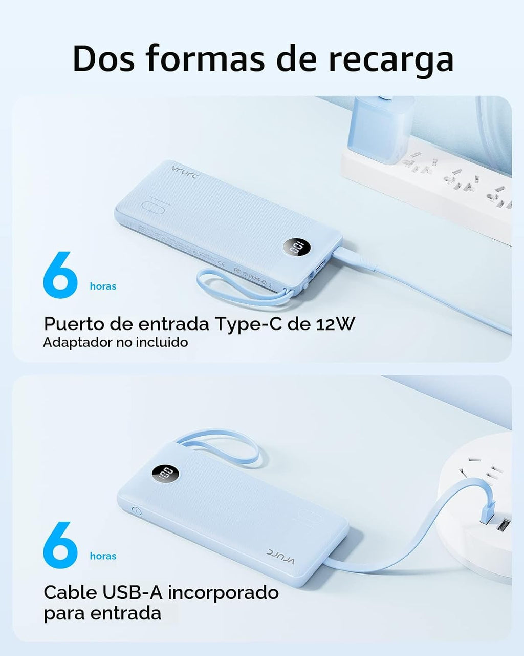 VRURC Banco de energía de 10000 mAh, cables integrados, cargador po...