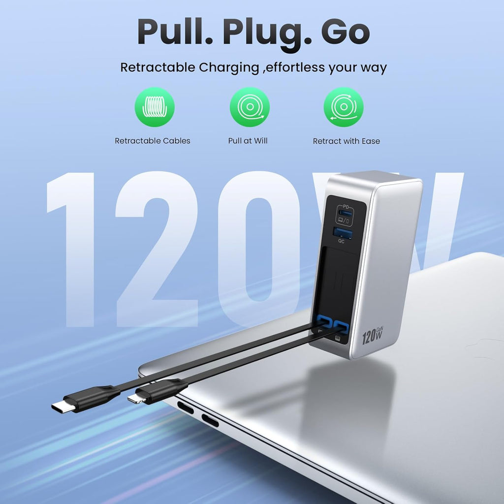 Bloque de cargador USB C de 120 W con 2 cables retráctiles integrad...