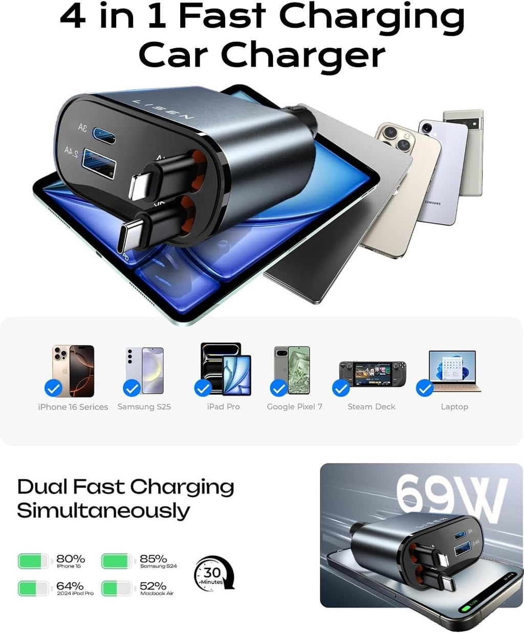 LISEN - Cargador retráctil para automóvil, adaptador de cargador de...
