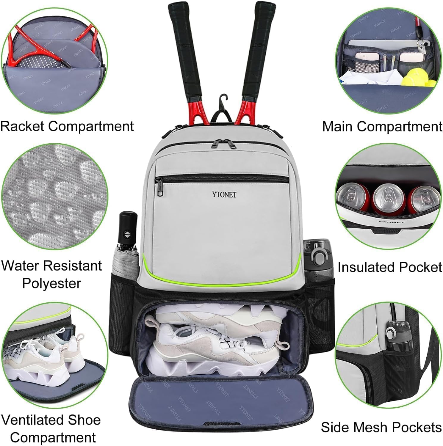 Ytonet Mochila de tenis para mujeres y hombres, 2 raquetas con bols...