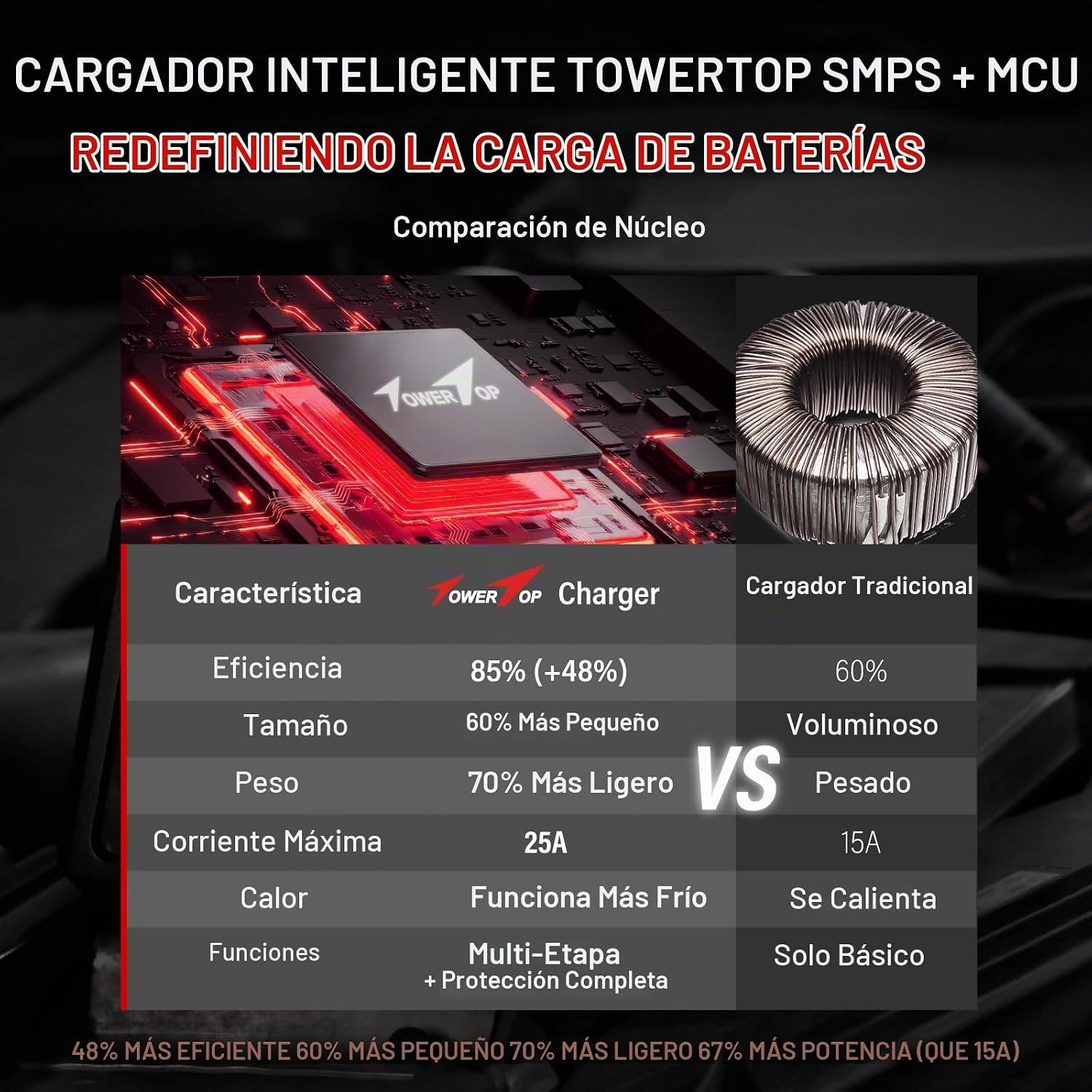 TowerTop Cargador de batería inteligente de coche de 2\/10\/25 ampe...
