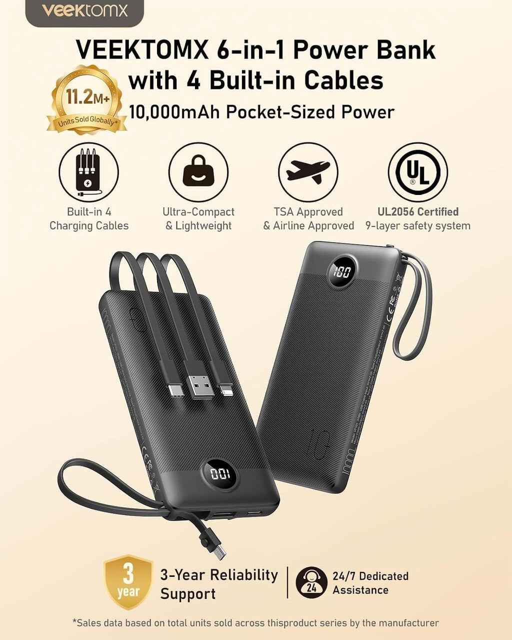 VEEKTOMX Cargador portátil con cables integrados, cargador de bater...