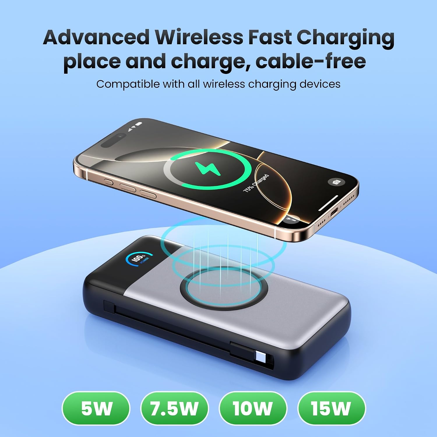 Cargador portátil inalámbrico de 40,800 mAh con cables integrados,...