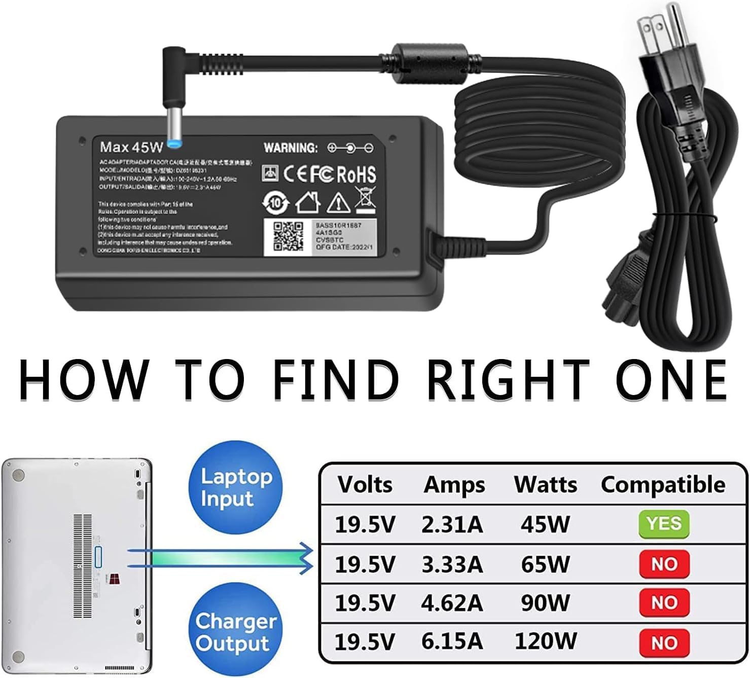 45W 19.5V 2.31A para cargador de laptop HP Punta azul, HP Pavilion...