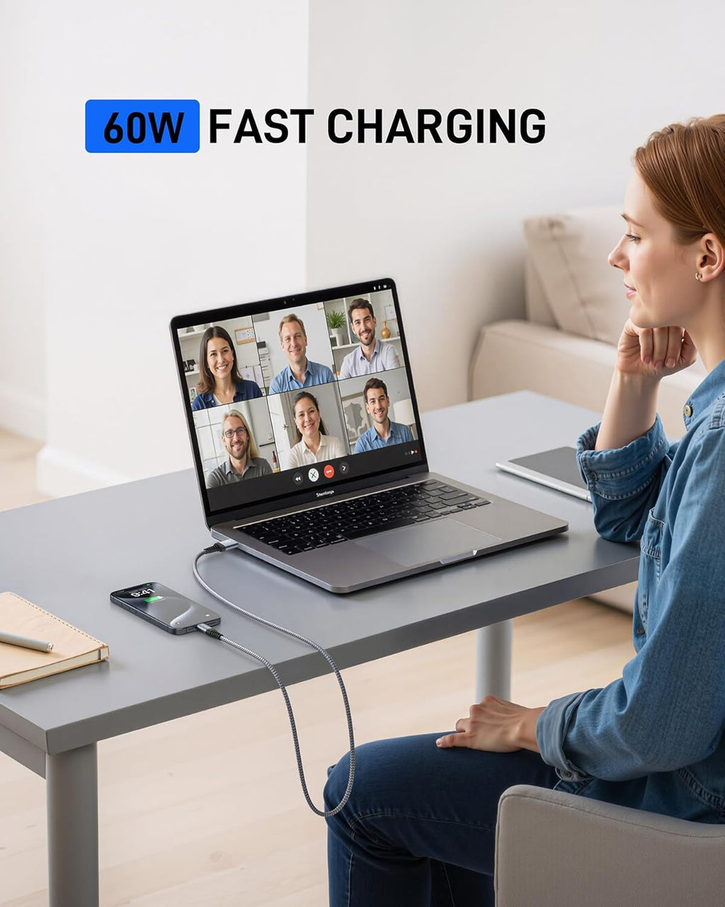 Cable USB a USB C de 60 W de carga rápida [2 unidades de 6 pies], c...