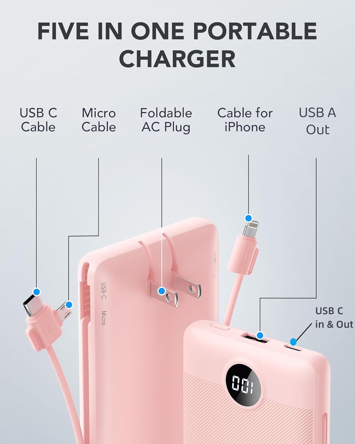 VRURC Cargador portátil con cables integrados y enchufe de pared de...