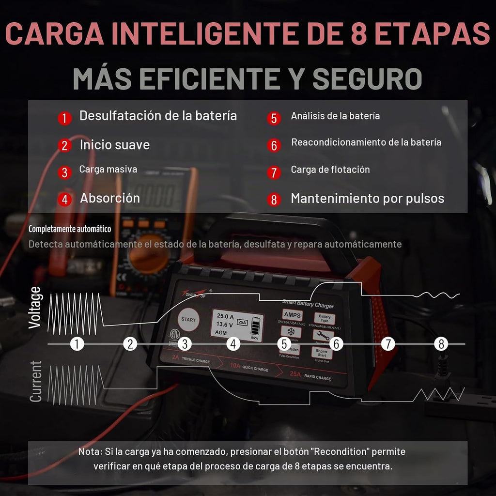 TowerTop Cargador de batería inteligente de coche de 2\/10\/25 ampe...