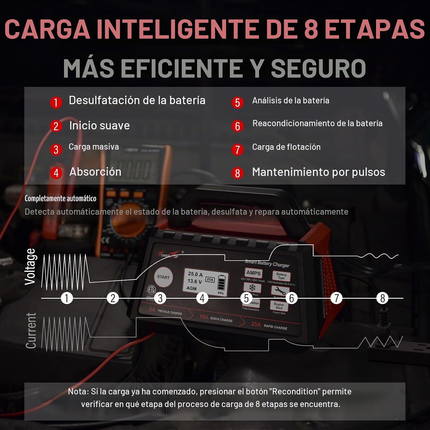 TowerTop Cargador de batería inteligente de coche de 2\/10\/25 ampe...